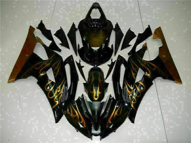 Billigste Yamaha YZF R6 Motorrad Verkleidung 2008-2016 - Glanzendes Schwarz Gold Flamme