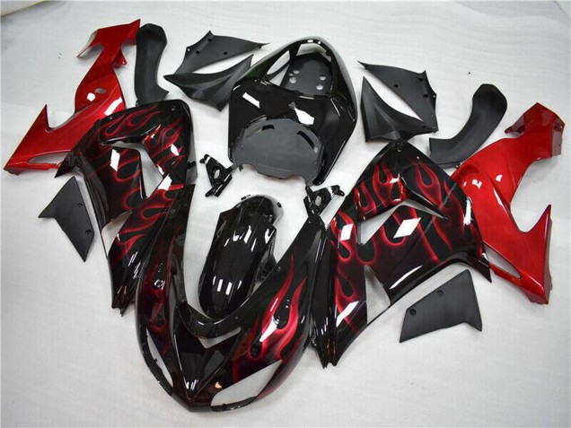 Billigste Kawasaki ZX10R Motorrad Verkleidung 2006-2007 - Glanzendes Schwarz Rot Flamme