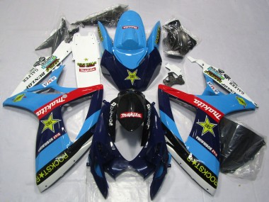 Billigste Suzuki GSXR 600 / GSXR 750 Motorrad Verkleidung 2006-2007 - Blau Weiss Rot Glanzendes Schwarz RockStar