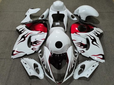 Billigste Suzuki GSXR 1300 Motorrad Verkleidung 2008-2020 - Glanzendes Weiss Rot Flamme