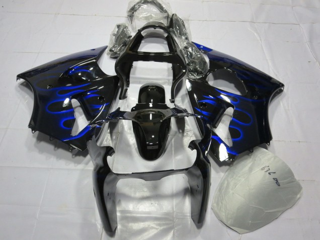 Billigste Kawasaki ZX6R Motorrad Verkleidung 2000-2002 - Glanzendes Schwarz Blau Flamme