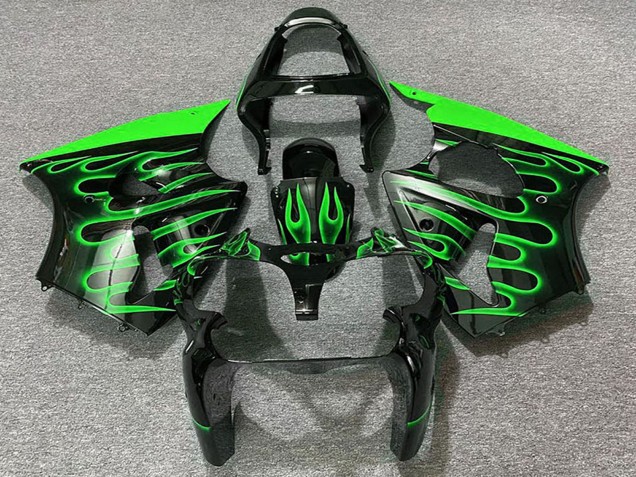 Billigste Kawasaki ZX6R Motorrad Verkleidung 2000-2002 - Glanzendes Schwarz Grun Flamme