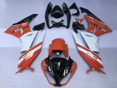 Billigste Kawasaki ZX6R Motorrad Verkleidung 2009-2012 - Orange Weiss Glanzendes Schwarz Elf Touch4 Bridgestone
