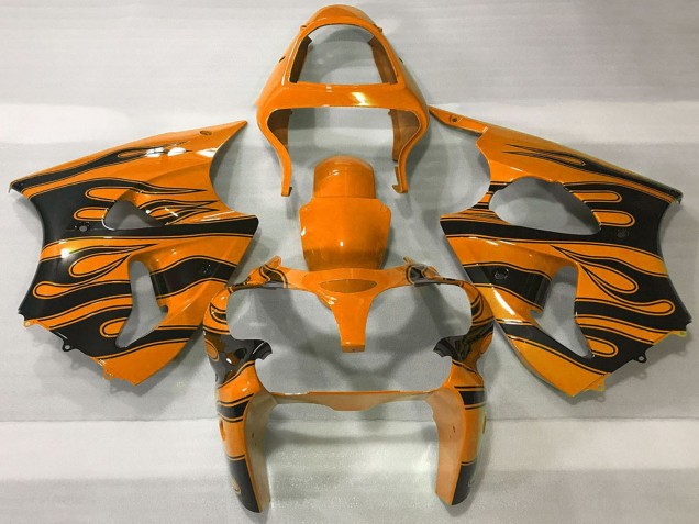 Billigste Kawasaki ZX6R Motorrad Verkleidung 2000-2002 - Orange Schwarz Flamme