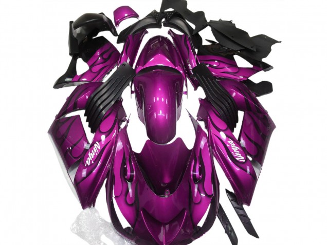 Billigste Kawasaki ZX14R Motorrad Verkleidung 2006-2011 - Lila Schwarz Flamme Weiss Ninja