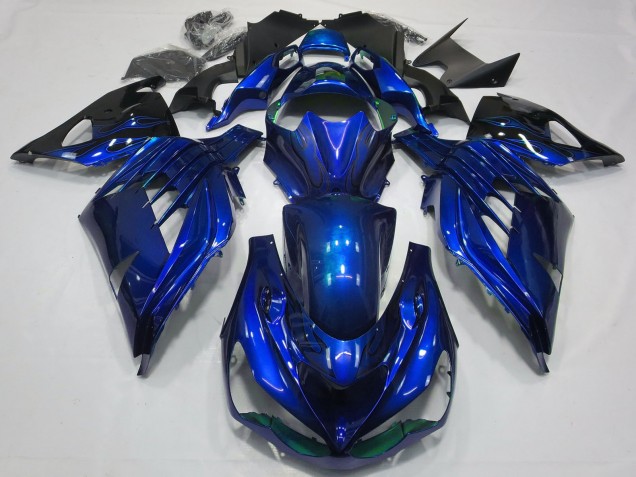 Billigste Kawasaki ZX14R ZZR1400 Motorrad Verkleidung 2012-2024 - Blau Glanzendes Schwarz