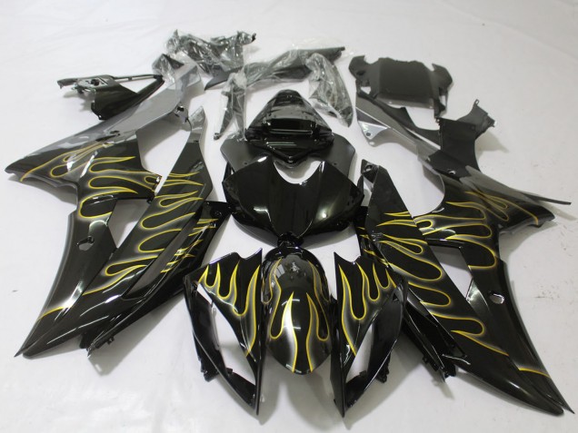 Billigste Yamaha R6 Motorrad Verkleidung 2008-2016 - Glanzendes Schwarz Gold Flamme