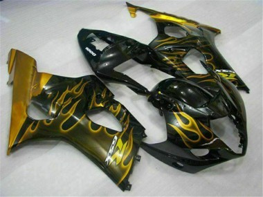 Billigste Suzuki GSXR 1000 Motorrad Verkleidung 2003-2004 - Glanzendes Schwarz Gold Flamme