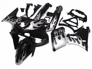 Billigste Kawasaki ZZR400 Motorrad Verkleidung 1993-2007 - Glanzendes Schwarz Silber Flamme