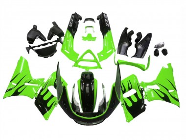 Billigste Kawasaki ZZR400 Motorrad Verkleidung 1993-2007 - Grun Glanzendes Schwarz Flamme