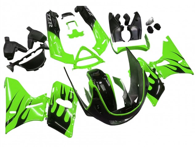 Billigste Kawasaki ZZR600 Motorrad Verkleidung 1998-2003 - Grun Glanzendes Schwarz Flamme