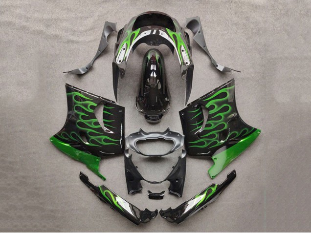 Billigste Kawasaki ZZR1100 Motorrad Verkleidung 1993-2003 - Glanzendes Schwarz Grun Flamme