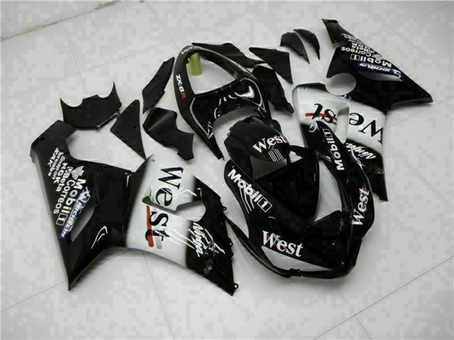 Billigste Kawasaki ZX6R Motorrad Verkleidung 2005-2006 - Glanzendes Schwarz Weiss West