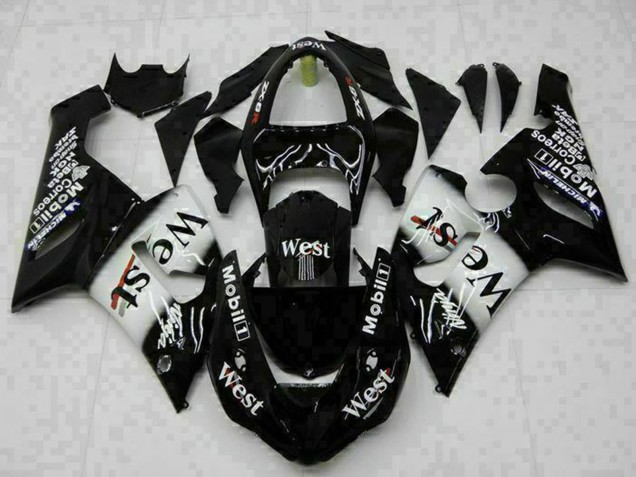 Billigste Kawasaki ZX6R Motorrad Verkleidung 2005-2006 - Glanzendes Schwarz Weiss West