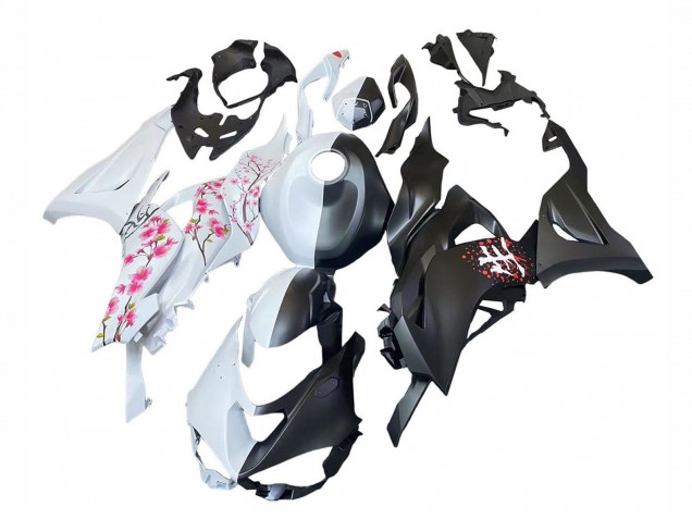 Billigste Kawasaki ZX6R Motorrad Verkleidung 2023-2025 - Schwarz Weiss mit Blume