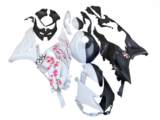 Billigste Kawasaki ZX6R Motorrad Verkleidung 2023-2025 - Schwarz Weiss mit Blume