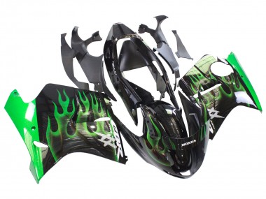 Billigste Honda CBR1100XX Blackbird Motorrad Verkleidung 1996-2007 - Glanzendes Schwarz Grun Flamme