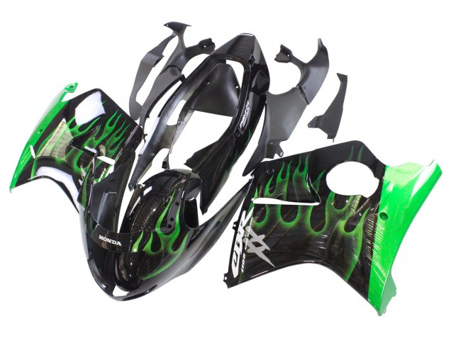 Billigste Honda CBR1100XX Blackbird Motorrad Verkleidung 1996-2007 - Glanzendes Schwarz Grun Flamme