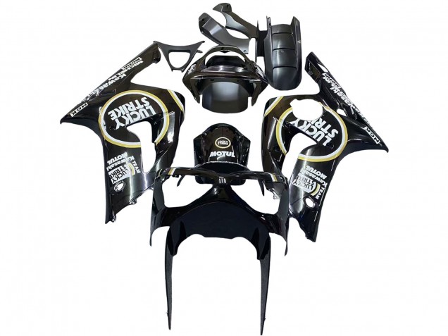 Billigste Kawasaki ZX6R Motorrad Verkleidung 2003-2004 - Glanzendes Schwarz Weiss Motul Lucky Strike