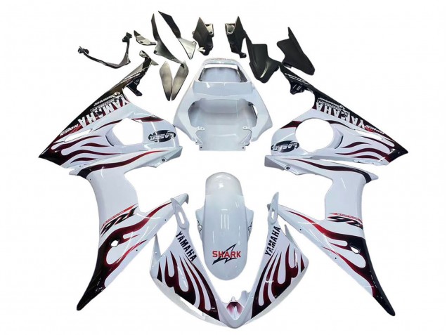 Billigste Yamaha YZF R6S Motorrad Verkleidung 2006-2009 - Weiss mit Dunkel Schwarz Flamme