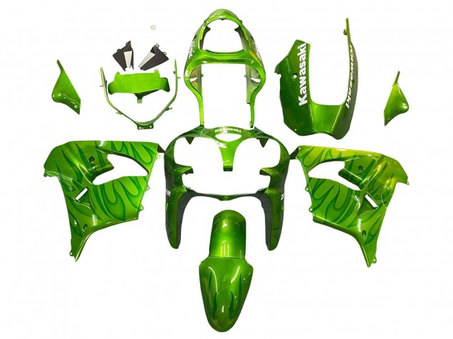 Billigste Kawasaki ZX9R Motorrad Verkleidung 2000-2001 - Grun Flamme