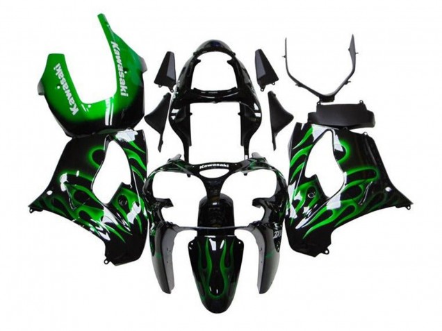 Billigste Kawasaki ZX9R Motorrad Verkleidung 2002-2003 - Schwarz Weiss mit Gruner Flamme