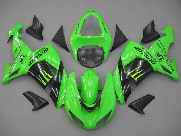 Billigste Kawasaki ZX10R Motorrad Verkleidung 2006-2007 - Grun Glanzendes Schwarz Monster Dunlop