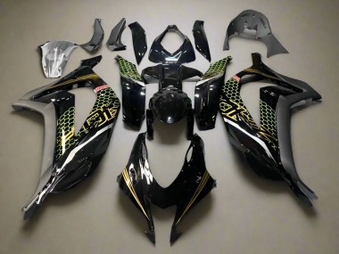 Billigste Kawasaki ZX10R Motorrad Verkleidung 2016-2020 - Glanzendes Schwarz Gold Bienenwabe