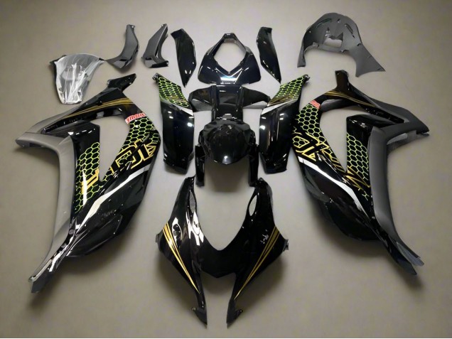 Billigste Kawasaki ZX10R Motorrad Verkleidung 2016-2020 - Glanzendes Schwarz Gold Bienenwabe