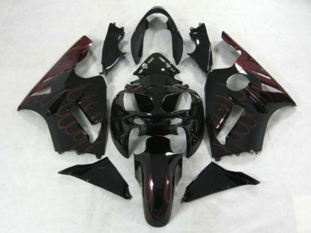 Billigste Kawasaki ZX12R Motorrad Verkleidung 2002-2006 - Glanzendes Schwarz Burgundy Flamme