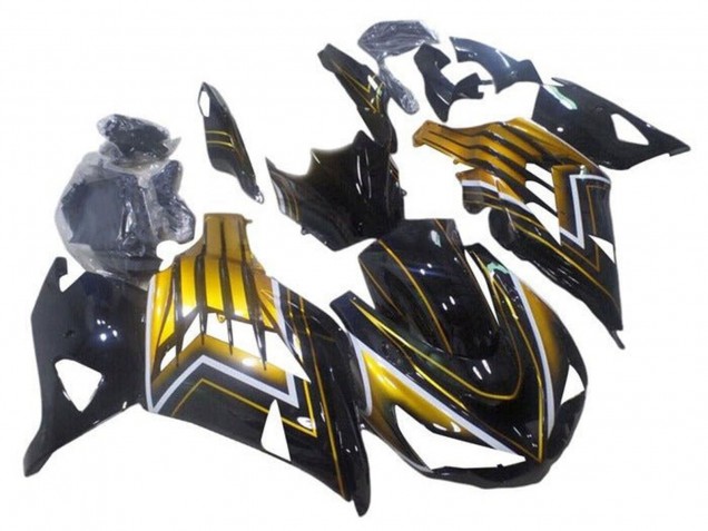 Billigste Kawasaki ZX14R ZZR1400 Motorrad Verkleidung 2012-2024 - Glanzendes Schwarz Gold Streifen