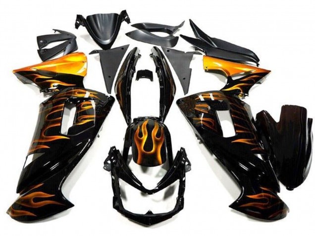 Billigste Kawasaki Ninja 650 EX650 Motorrad Verkleidung 2006-2008 - Glanzendes Schwarz Gold Flamme