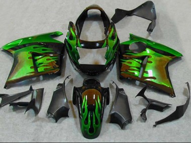Billigste Honda CBR1100XX Blackbird Motorrad Verkleidung 1996-2007 - Glanzendes Schwarz Grun Flamme