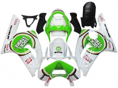 Billigste Kawasaki ZX6R Motorrad Verkleidung 2003-2004 - Weiss Grun Motul Lucky Strike