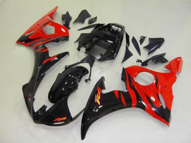 Billigste Yamaha YZF R6 Motorrad Verkleidung 2003-2004 - Glanzendes Schwarz Rot Flamme