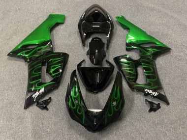 Billigste Kawasaki ZX6R Motorrad Verkleidung 2005-2006 - Glanzendes Schwarz Grun Flamme