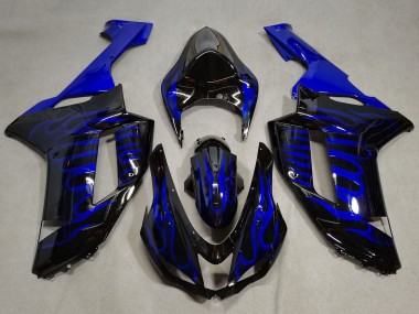 Billigste Kawasaki ZX6R Motorrad Verkleidung 2007-2008 - Schwarz Blaue Flamme