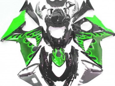 Billigste Suzuki GSXR 1000 Motorrad Verkleidung 2009-2016 - Glanzendes Schwarz Grun Flamme