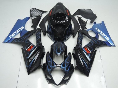 Billigste Suzuki GSXR 1000 Motorrad Verkleidung Kit 2007-2008 - Glanzendes Schwarz Blau Flamme