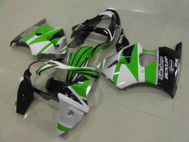 Billigste Kawasaki ZX6R Motorrad Verkleidung 2000-2002 - Weiss Grun Glanzendes Schwarz Streifen Silkolene Dunlop