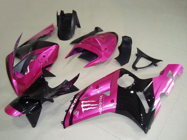 Billigste Kawasaki ZX6R Motorrad Verkleidung 2003-2004 - Rosa Schwarz Weiss Monster
