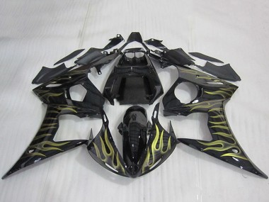 Billigste Yamaha YZF R6 Motorrad Verkleidung 2003-2004 - Glanzendes Schwarz Gold Flamme