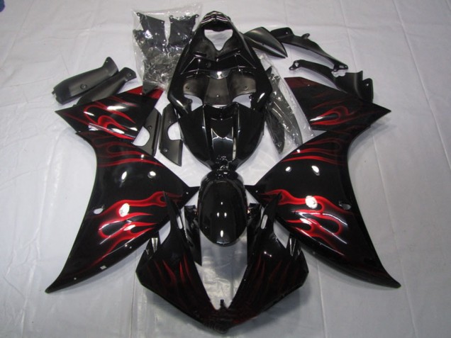 Billigste Yamaha YZF R1 Motorrad Verkleidung 2009-2011 - Glanzendes Schwarz Rot Flamme