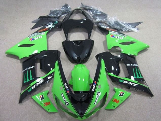 Billigste Kawasaki ZX6R Motorrad Verkleidung 2005-2006 - Glanzendes Schwarz Grun Elf Touch4 Bridgestone Monster