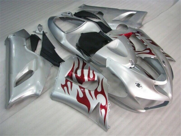 Billigste Silber Rot Flammen Kawasaki ZX6R 2005-2006 Verkleidungen